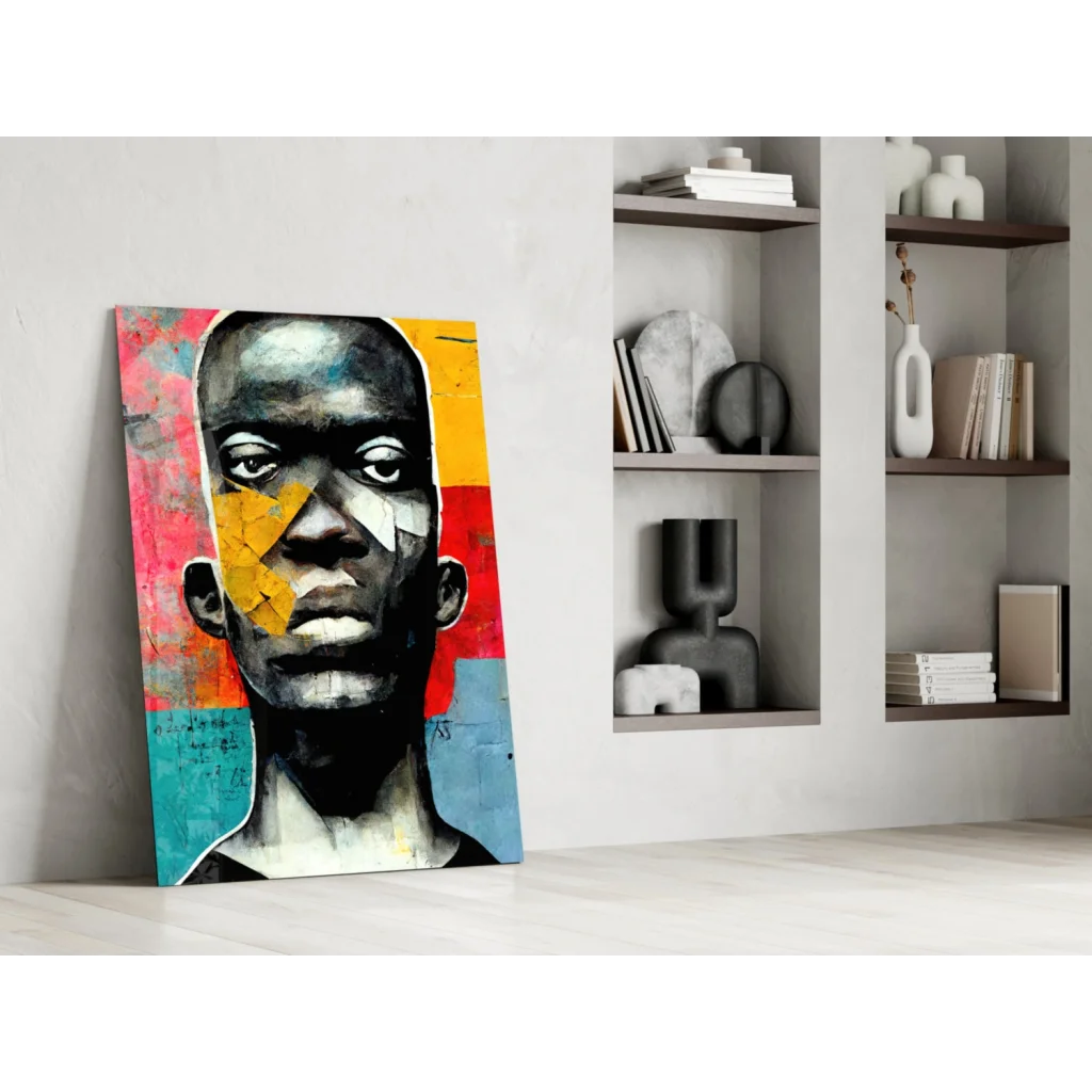 Bold geometric face glass wall art canvas print with vibrant patterns