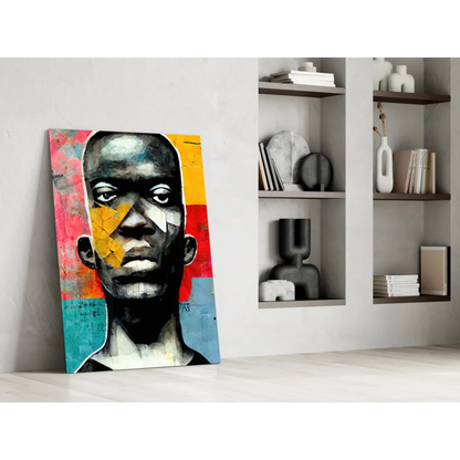 Bold geometric face glass wall art canvas print with vibrant patterns