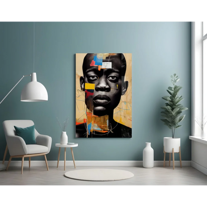 Bold geometric portrait glass wall art in black, gold, and vibrant accents