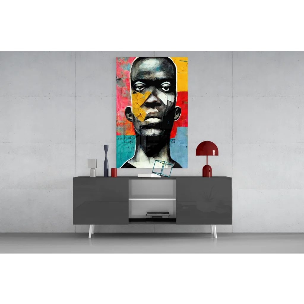 Bold geometric face glass wall art canvas print with vibrant patterns
