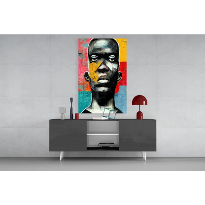 Bold geometric face glass wall art canvas print with vibrant patterns
