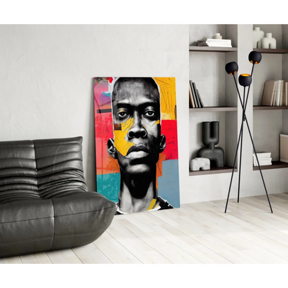 Vibrant bold geometric face glass wall art canvas in black, yellow, red, teal