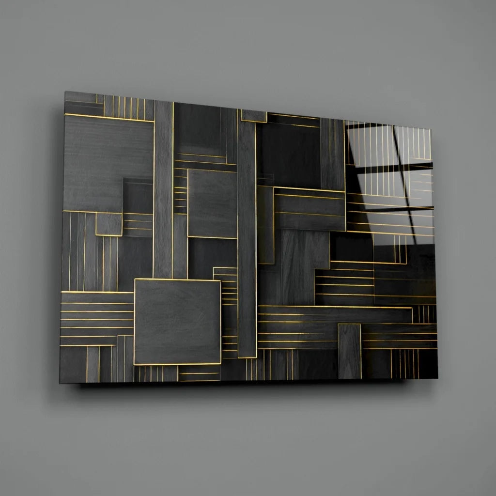 Stunning black gold geometric glass wall art panels
