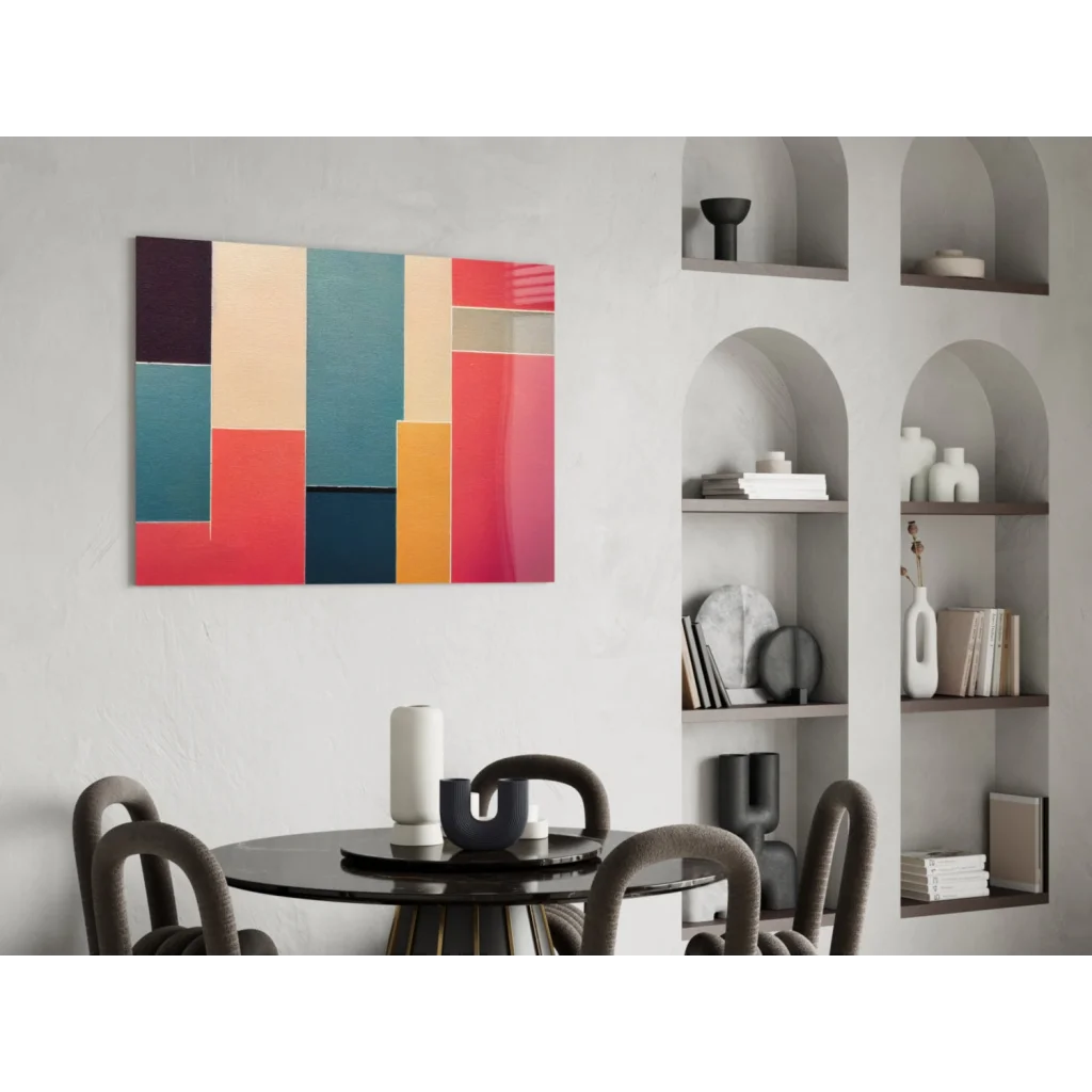 Bold striped glass wall art canvas with teal, coral, mustard, and cream stripes