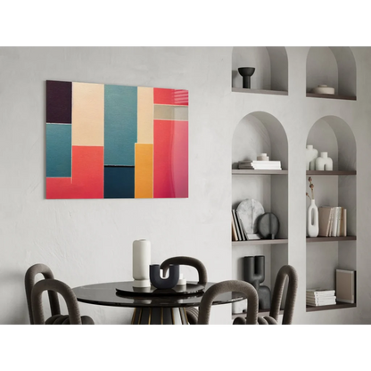 Bold striped glass wall art canvas with teal, coral, mustard, and cream stripes