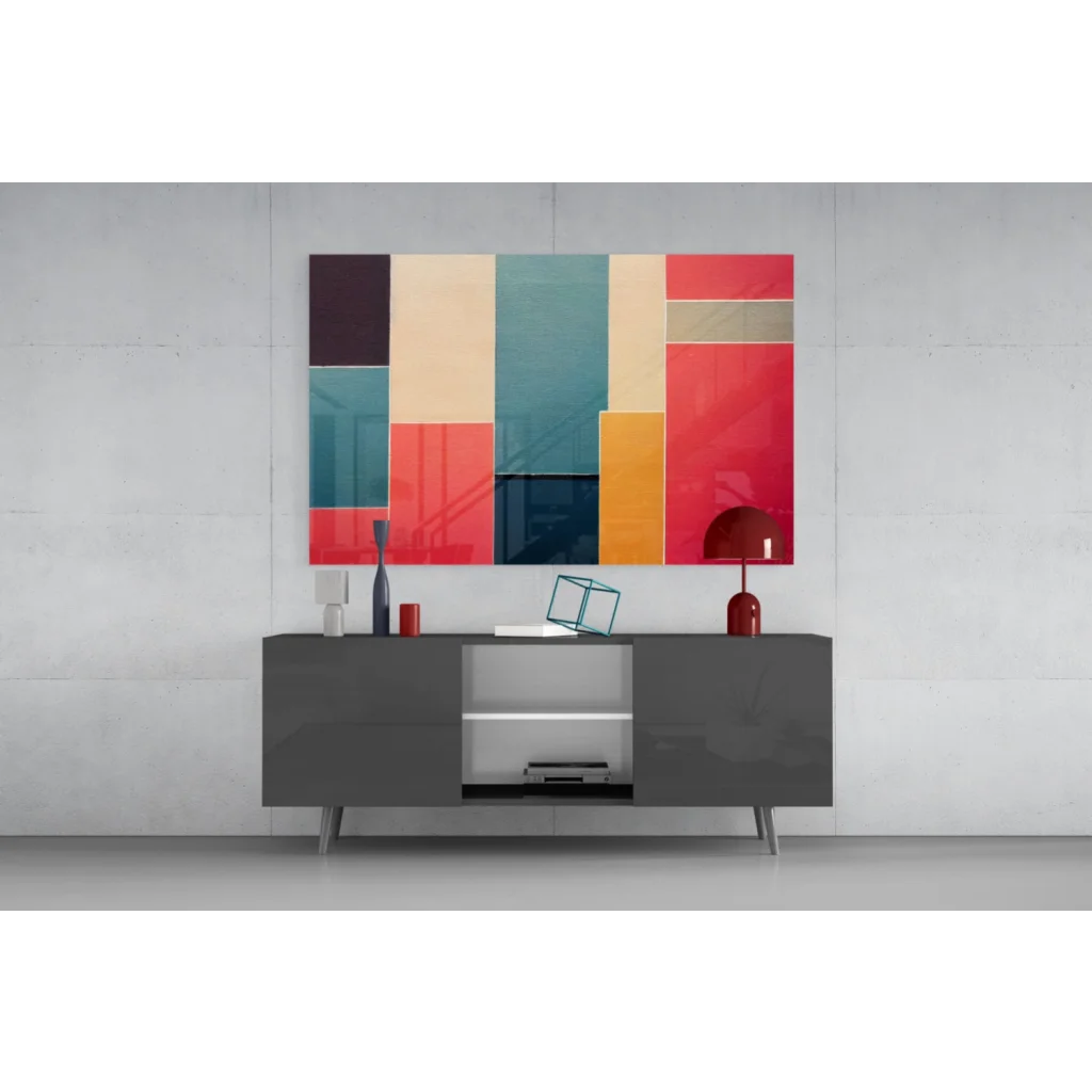 Bold striped glass wall art canvas in vibrant red, teal, orange, beige