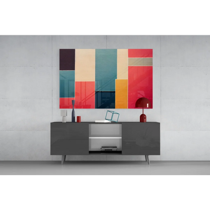 Bold striped glass wall art canvas in vibrant red, teal, orange, beige