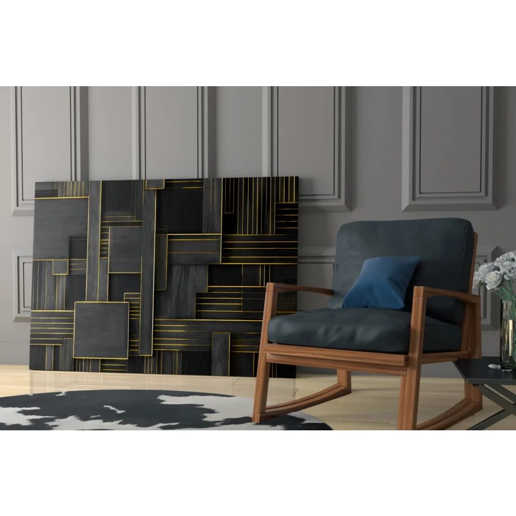 Modern wooden rocking chair with navy blue upholstery and pillow