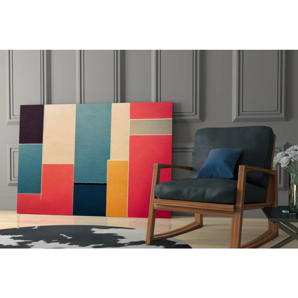 Vibrant bold striped glass wall art canvas in red, teal, cream, orange, navy