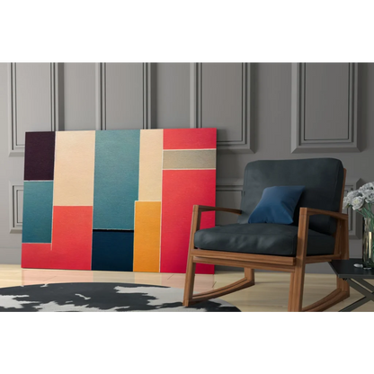 Vibrant bold striped glass wall art canvas in red, teal, cream, orange, navy