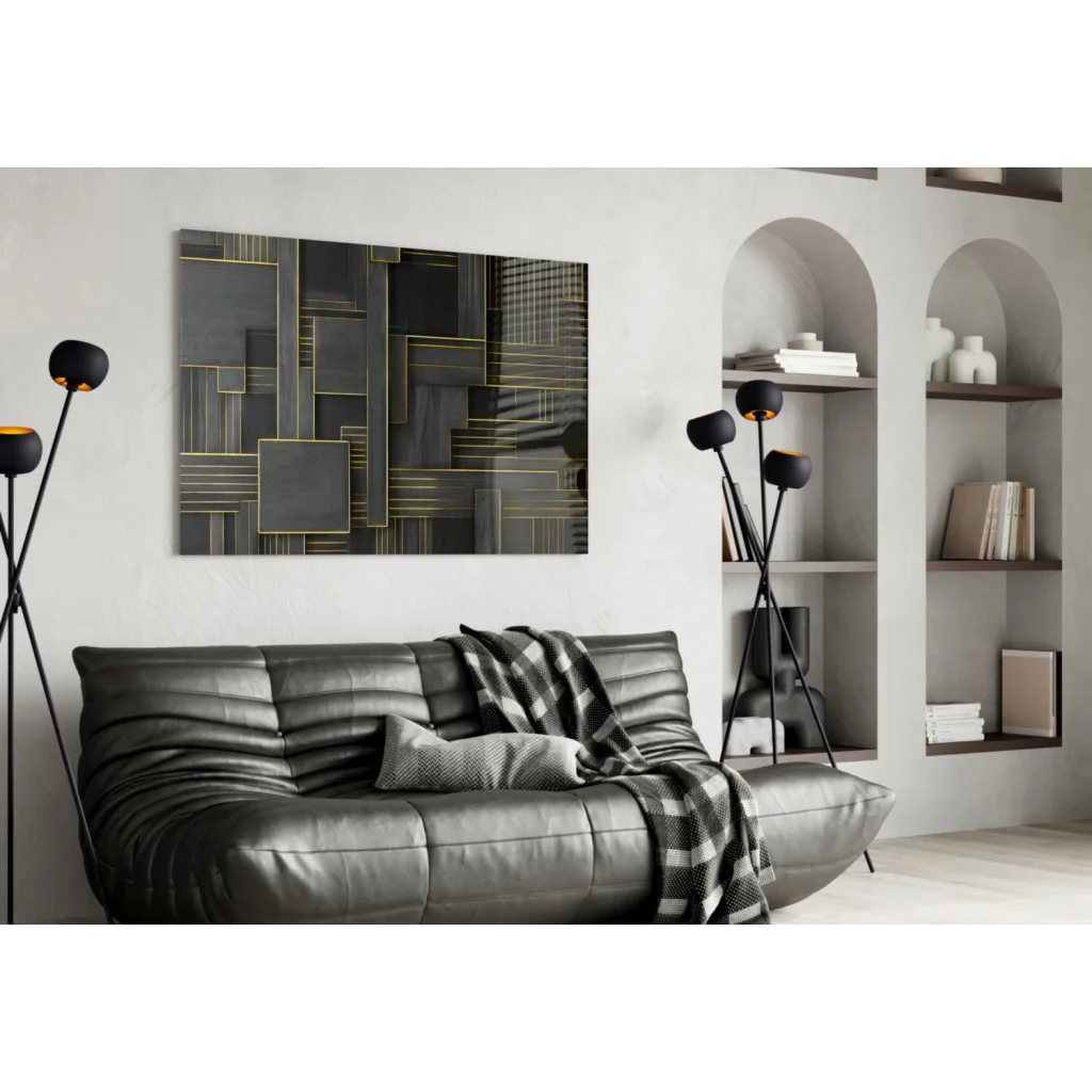 Stunning black leather sofa with ribbed texture and plaid throw on glass wall art