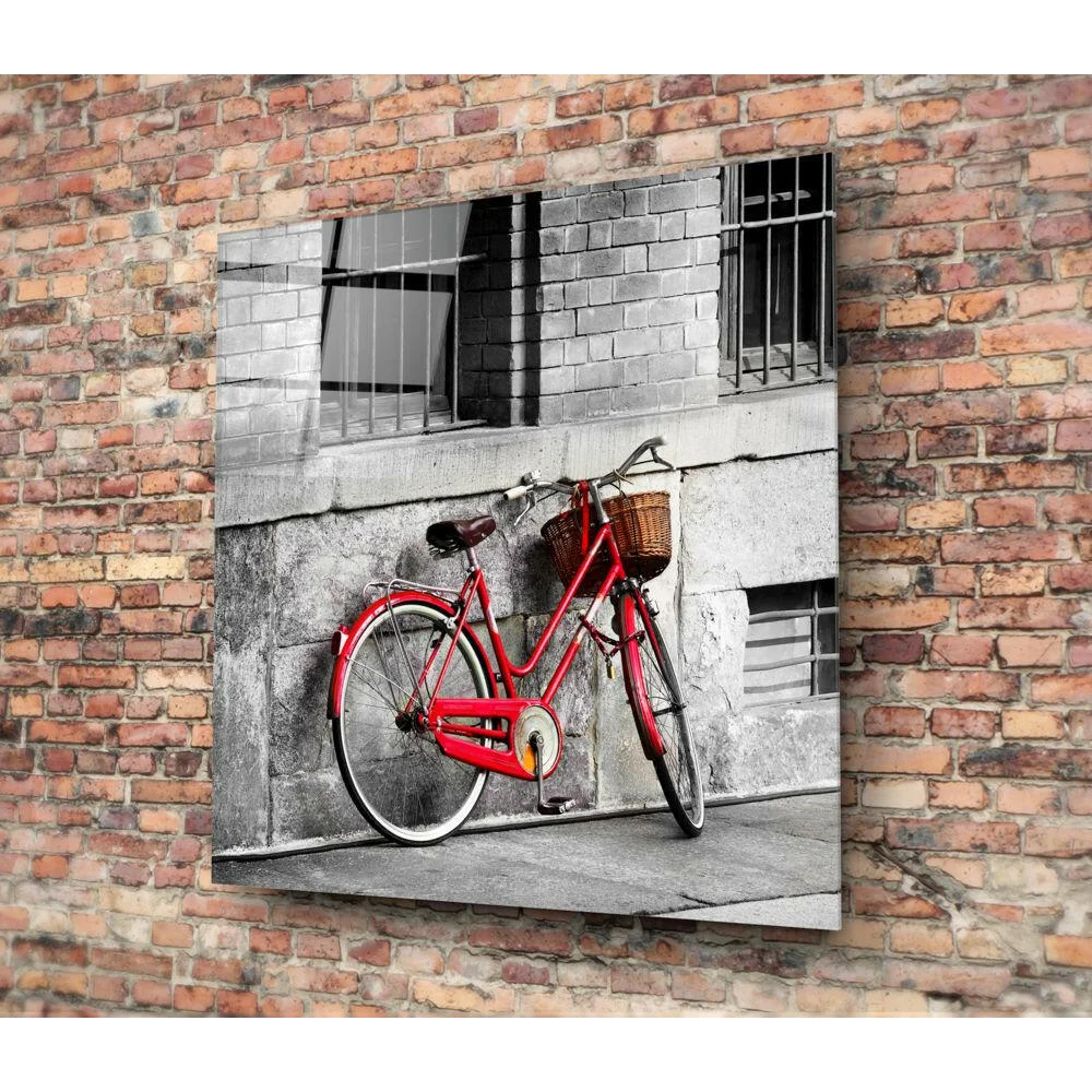 Vibrant red vintage bicycle glass wall art with wicker basket