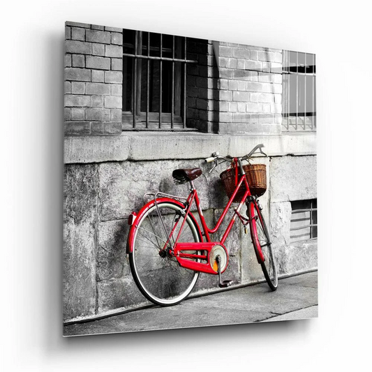 Vibrant red vintage bicycle glass wall art with wicker basket