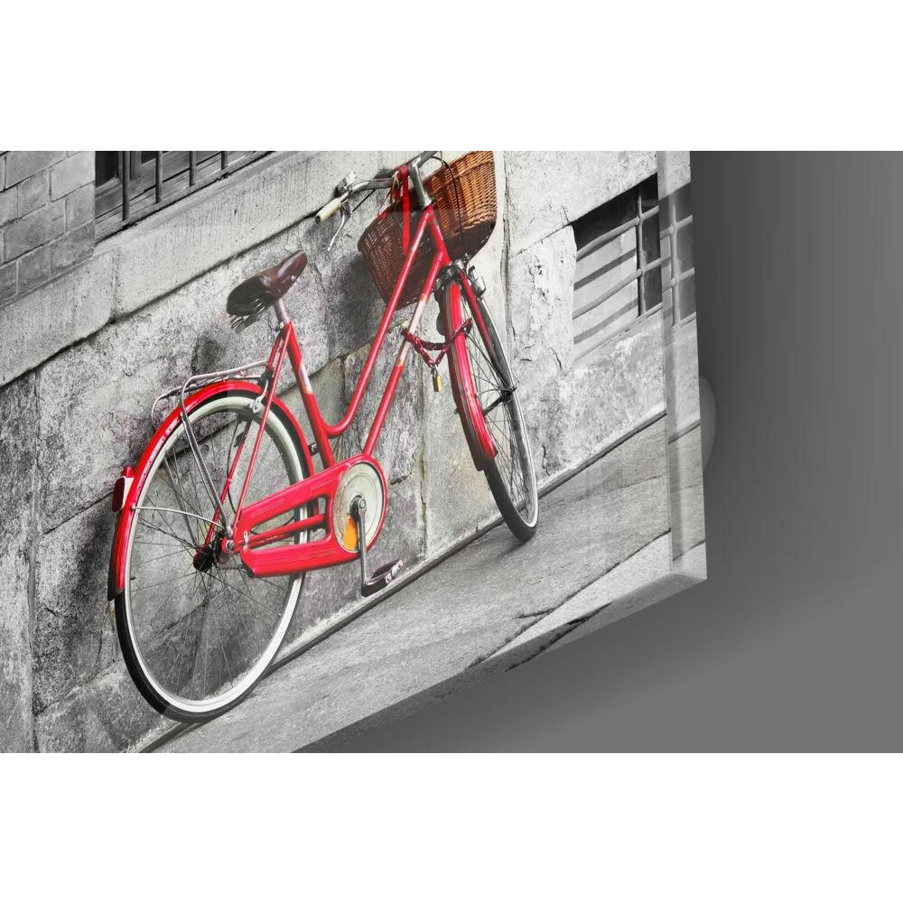 Vibrant red vintage bicycle glass wall art with wicker basket