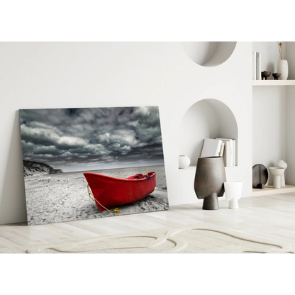 Red Boat Beach Storm Canvas Wall Art Print with dramatic coastal scene