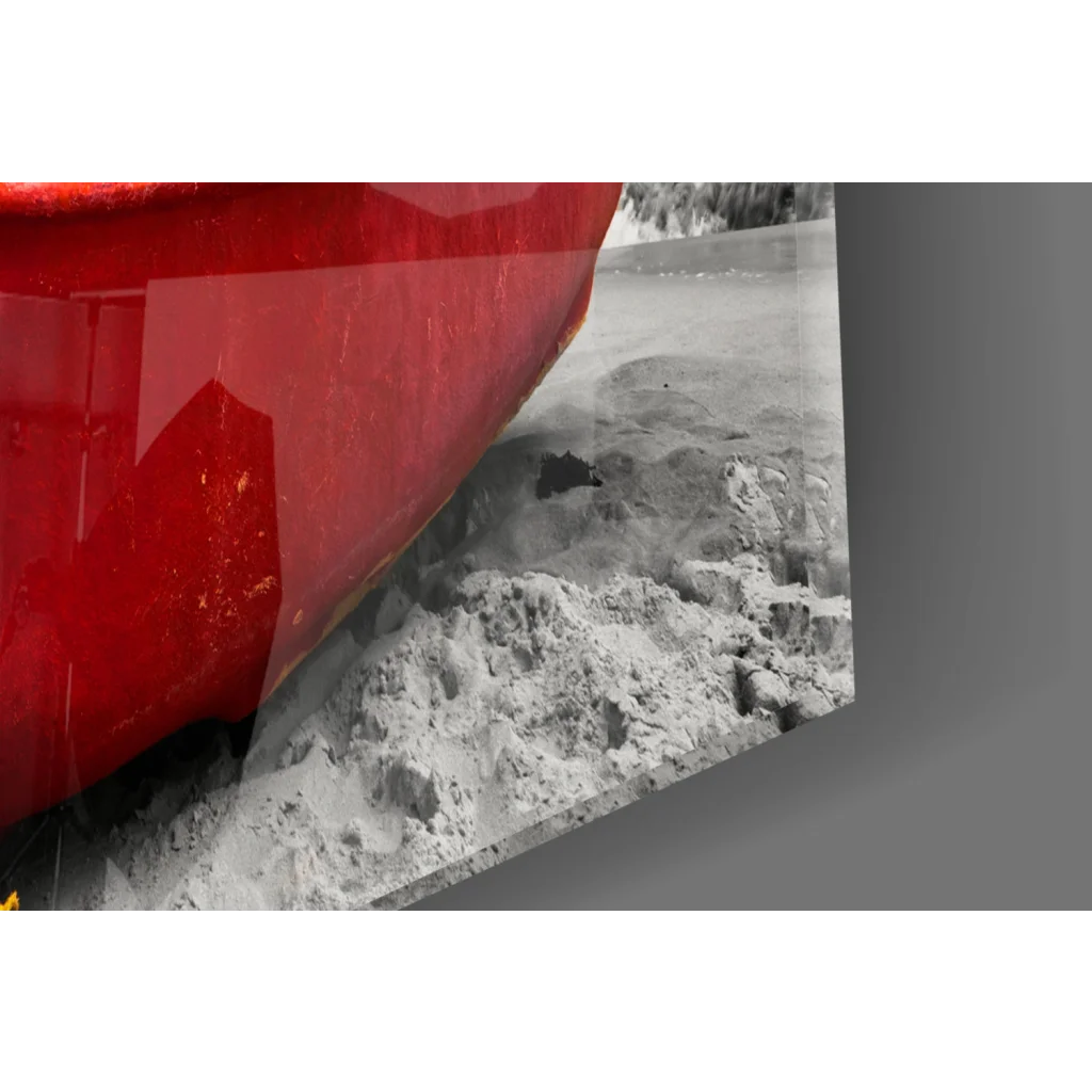 Vibrant red canoe on sandy beach in Red Boat Beach Storm glass wall art