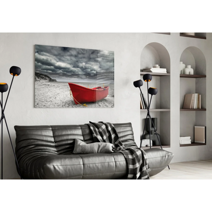 Vibrant red boat on sandy beach under dramatic monochrome skies, red boat beach storm canvas wall art