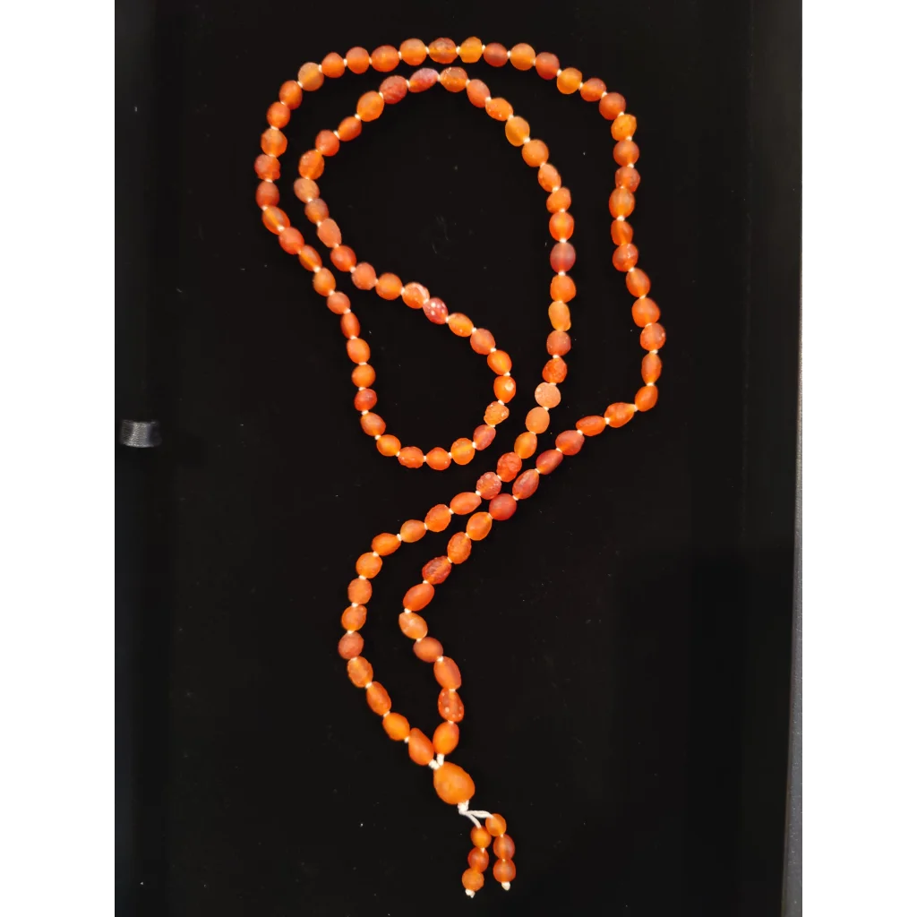 Red carnelian Gobi Desert agate bead mala necklace with amber oval beads