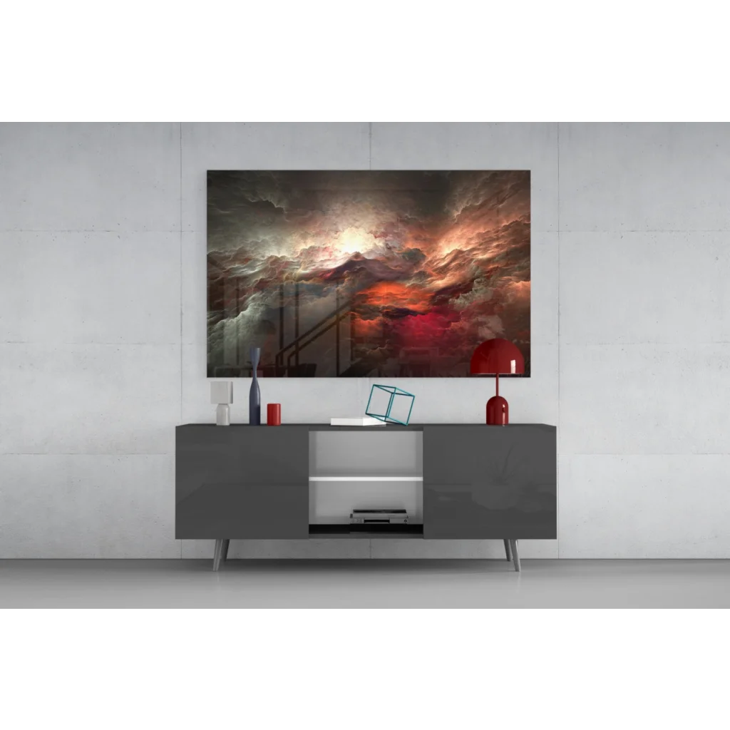 Vibrant fiery cosmic nebula wall art with swirling red clouds