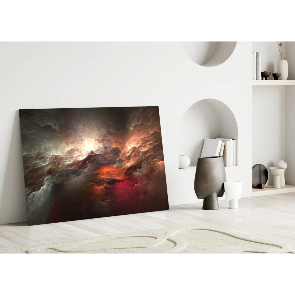 Fiery cosmic nebula wall art canvas print with swirling red clouds