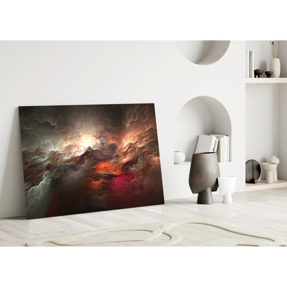 Fiery cosmic nebula wall art canvas print with swirling red clouds