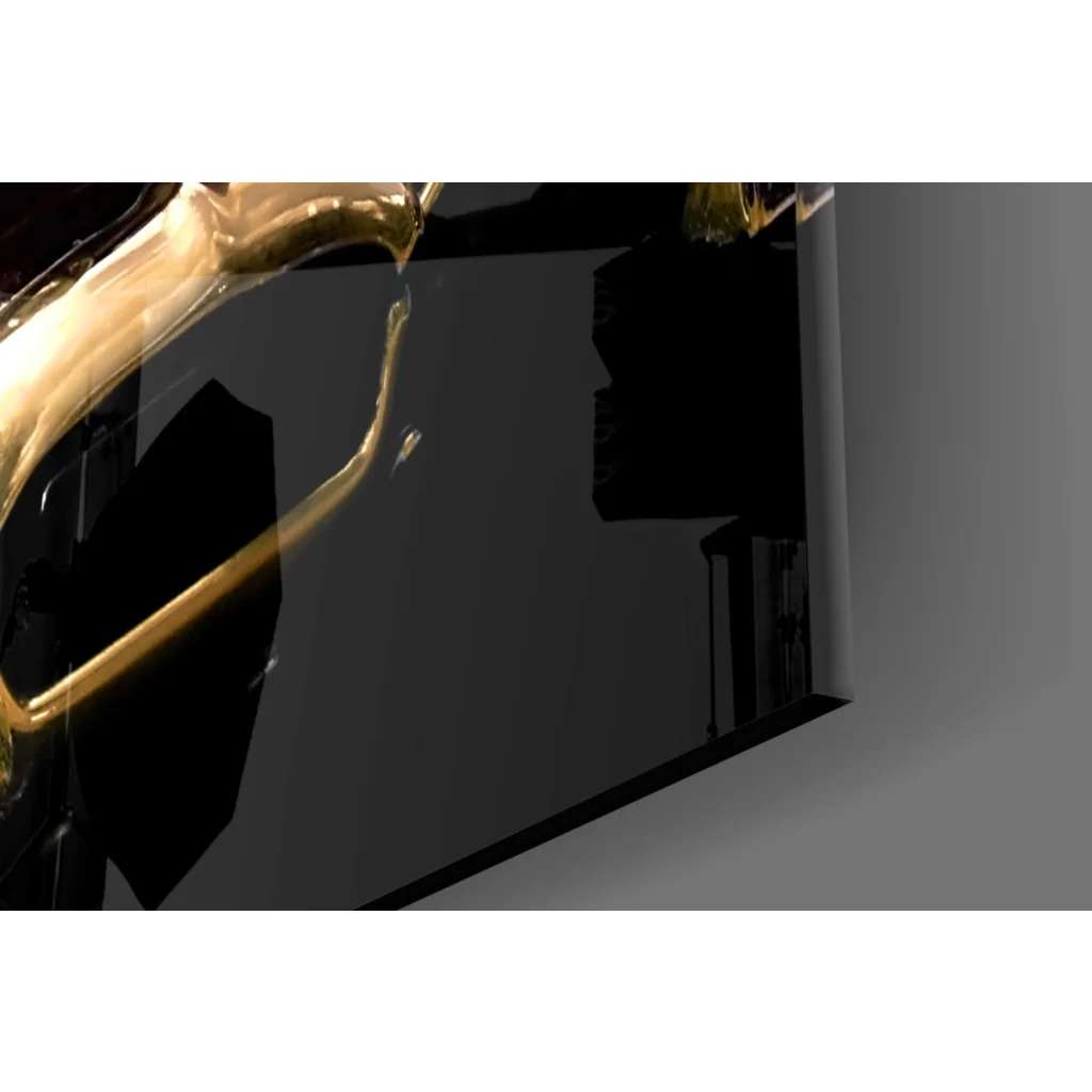 Gleaming gold saxophone in stunning red vintage convertible glass wall art