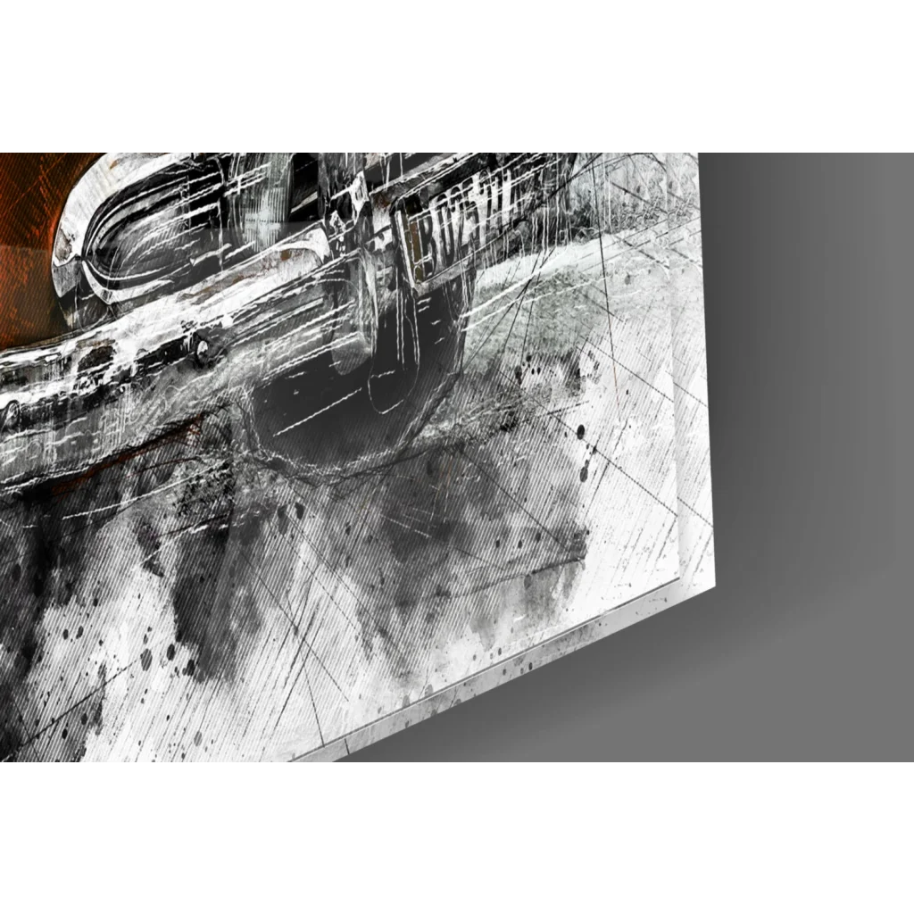 Black and white sketchy vintage red convertible glass wall art