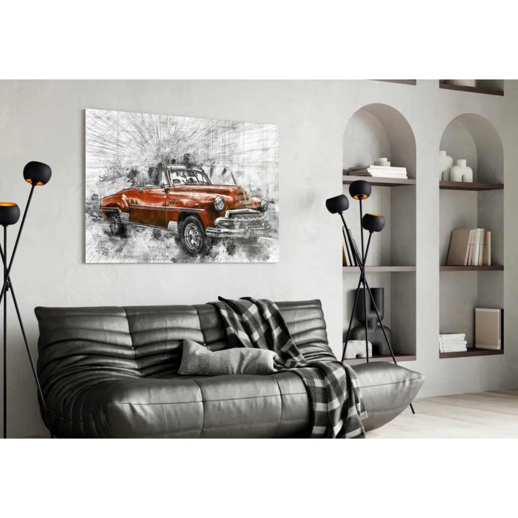 Vibrant red vintage convertible glass wall art with black splash effects