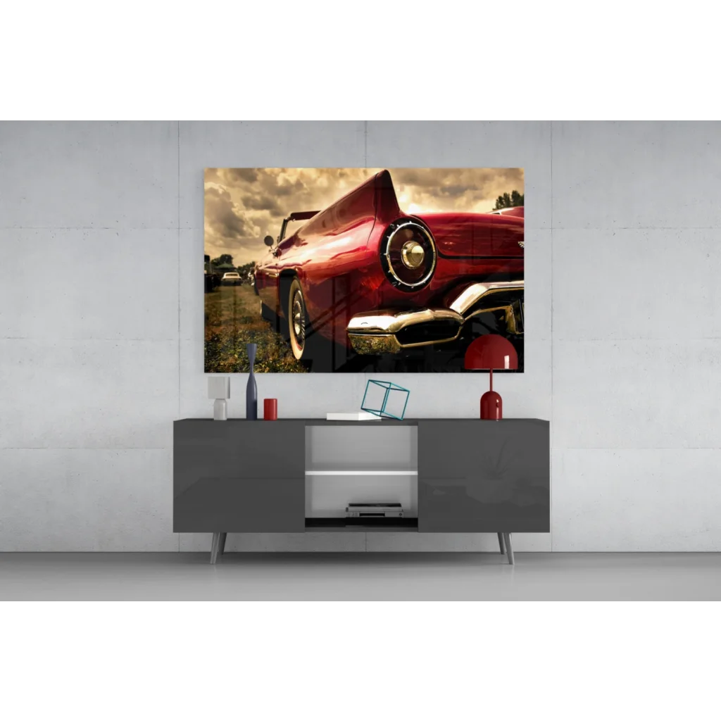 Vibrant red vintage convertible glass wall art with chrome accents