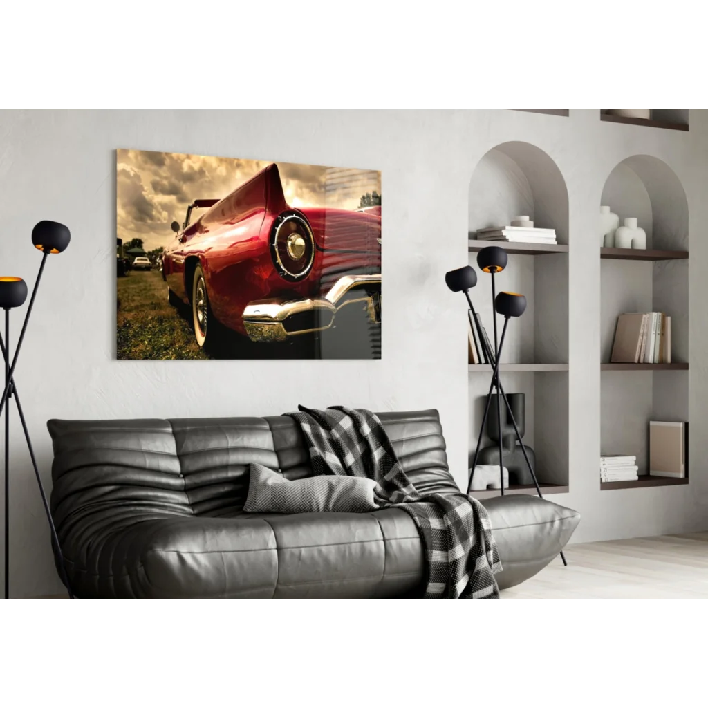 Vibrant red vintage convertible glass wall art print