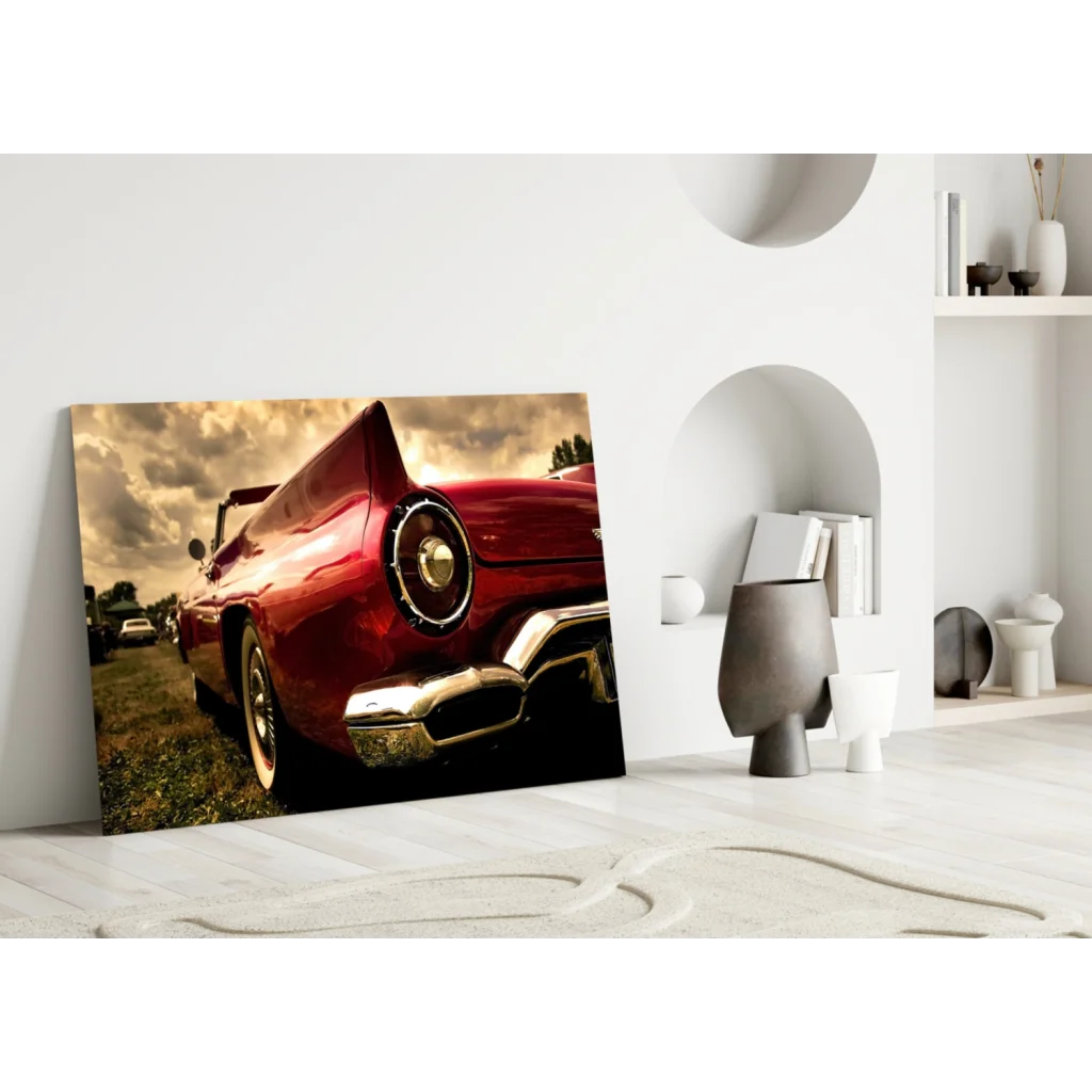 Stunning red vintage convertible glass wall art with glossy finish