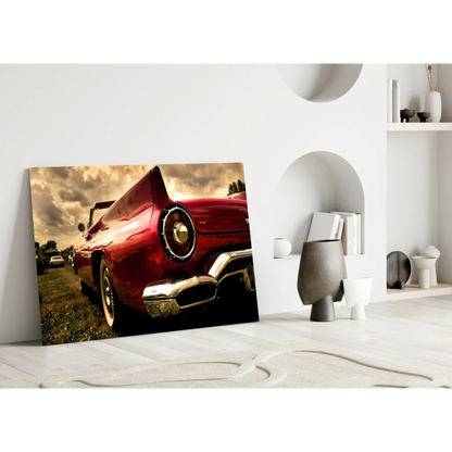 Stunning red vintage convertible glass wall art with glossy finish