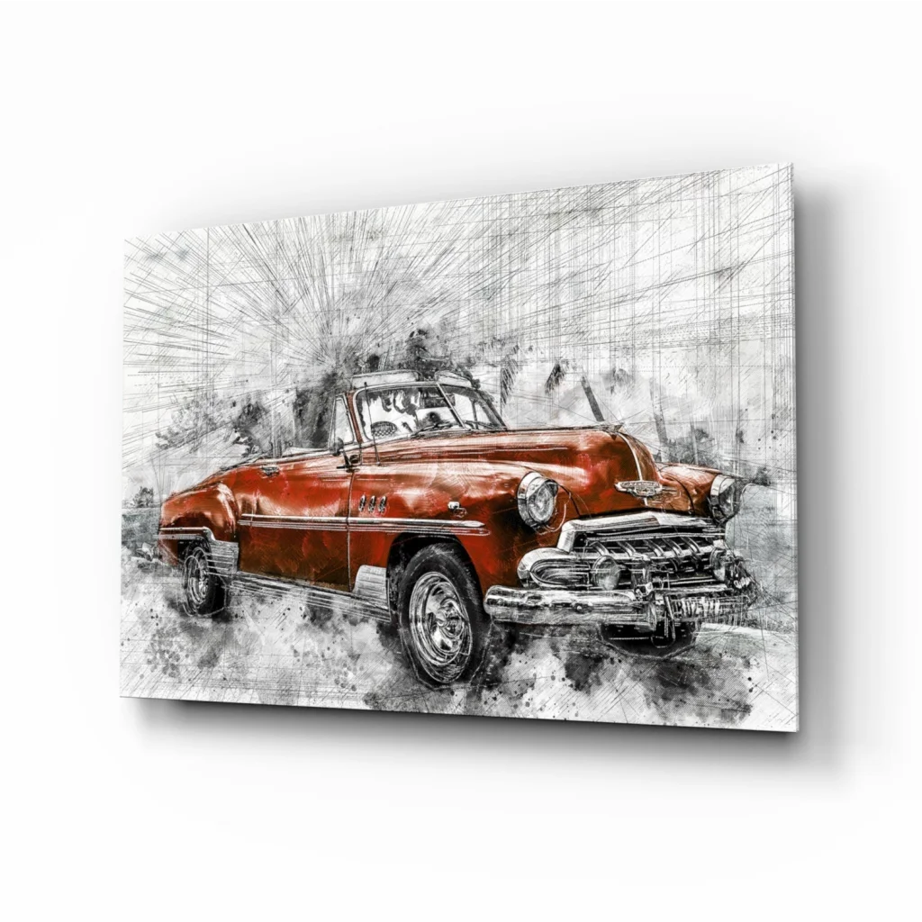 Vibrant red vintage convertible glass wall art with splash effects