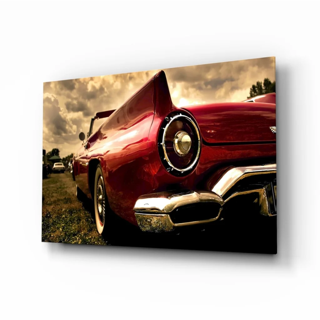 Vibrant red vintage convertible glass wall art with chrome accents