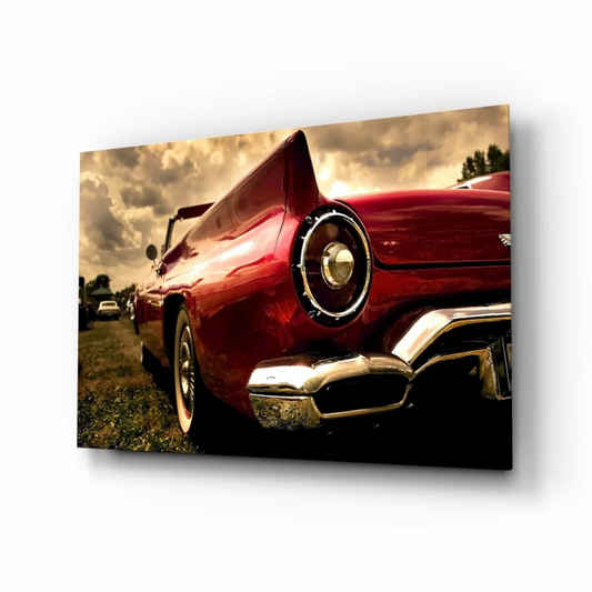Vibrant red vintage convertible glass wall art with chrome accents
