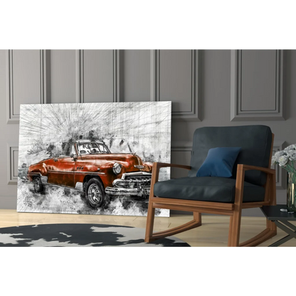 Vibrant orange vintage convertible sketch on glass wall art canvas