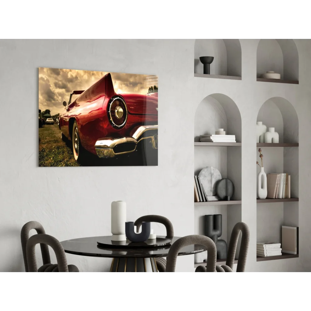 Vibrant red vintage convertible glass wall art print with chrome accents