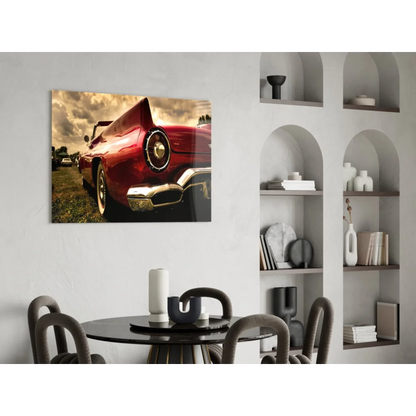 Vibrant red vintage convertible glass wall art print with chrome accents