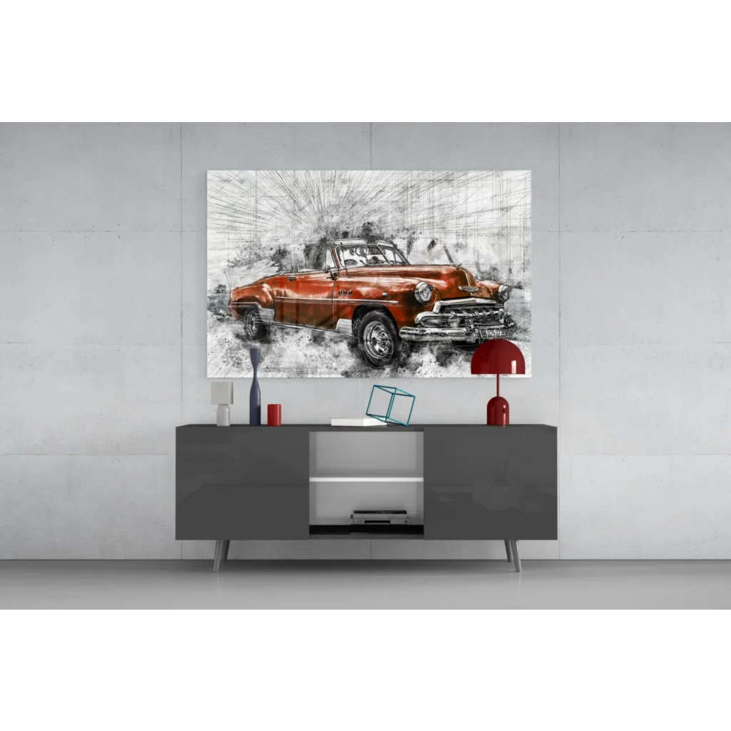 Vibrant orange vintage convertible glass wall art with splash effects