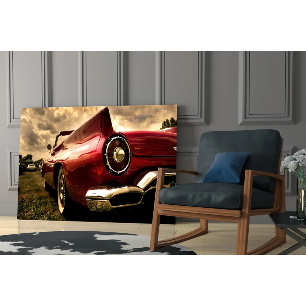 Stunning red vintage convertible glass wall art with chrome accents