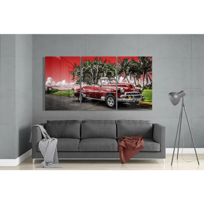 Vintage Red Convertible Palm Tree Glass Wall Art Canvas Print | Modern Wall Art Decor | vintageantiquesgifts.com