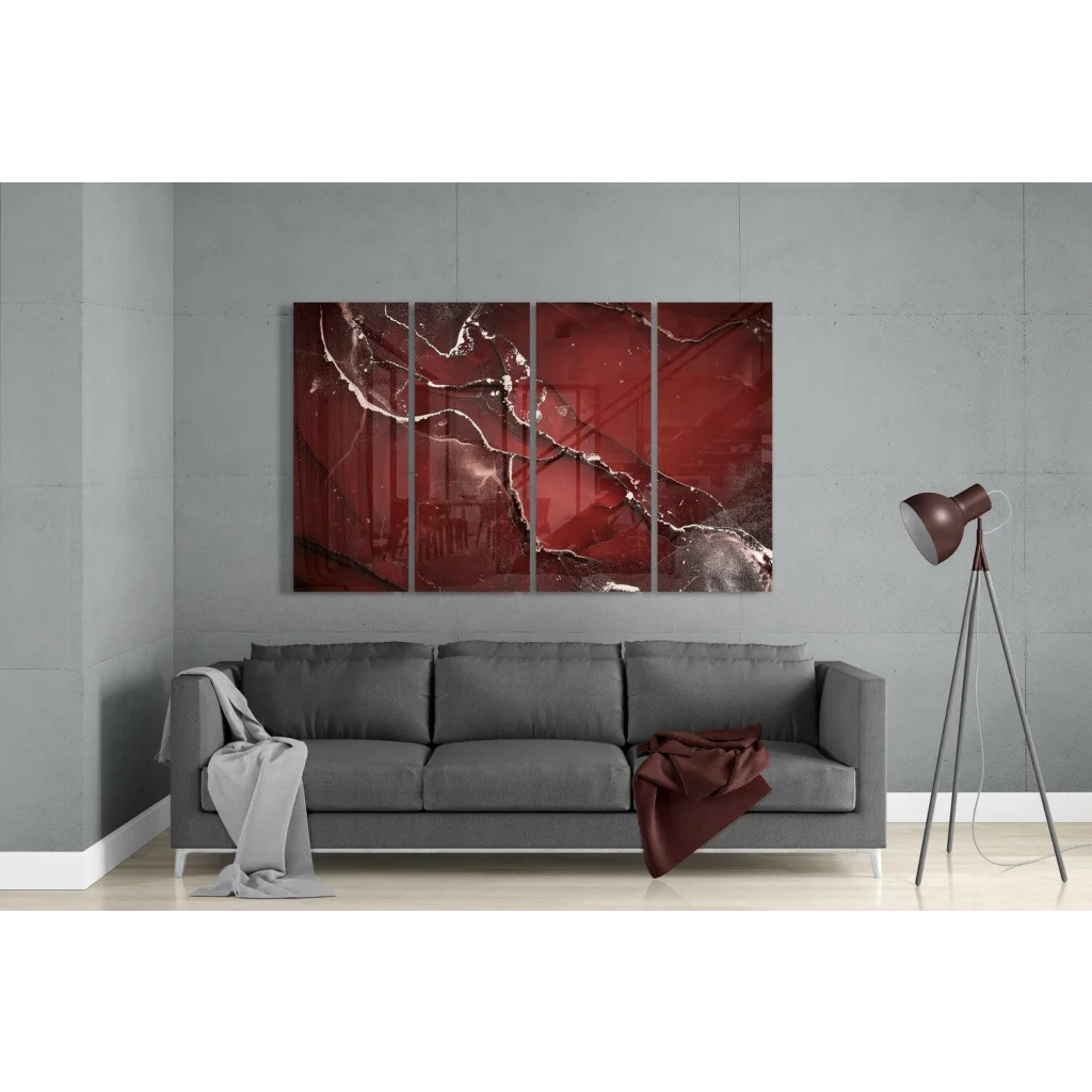 Stunning Red Marble Glass Wall Art Four Panel Set | Modern Wall Art Decor | vintageantiquesgifts.com