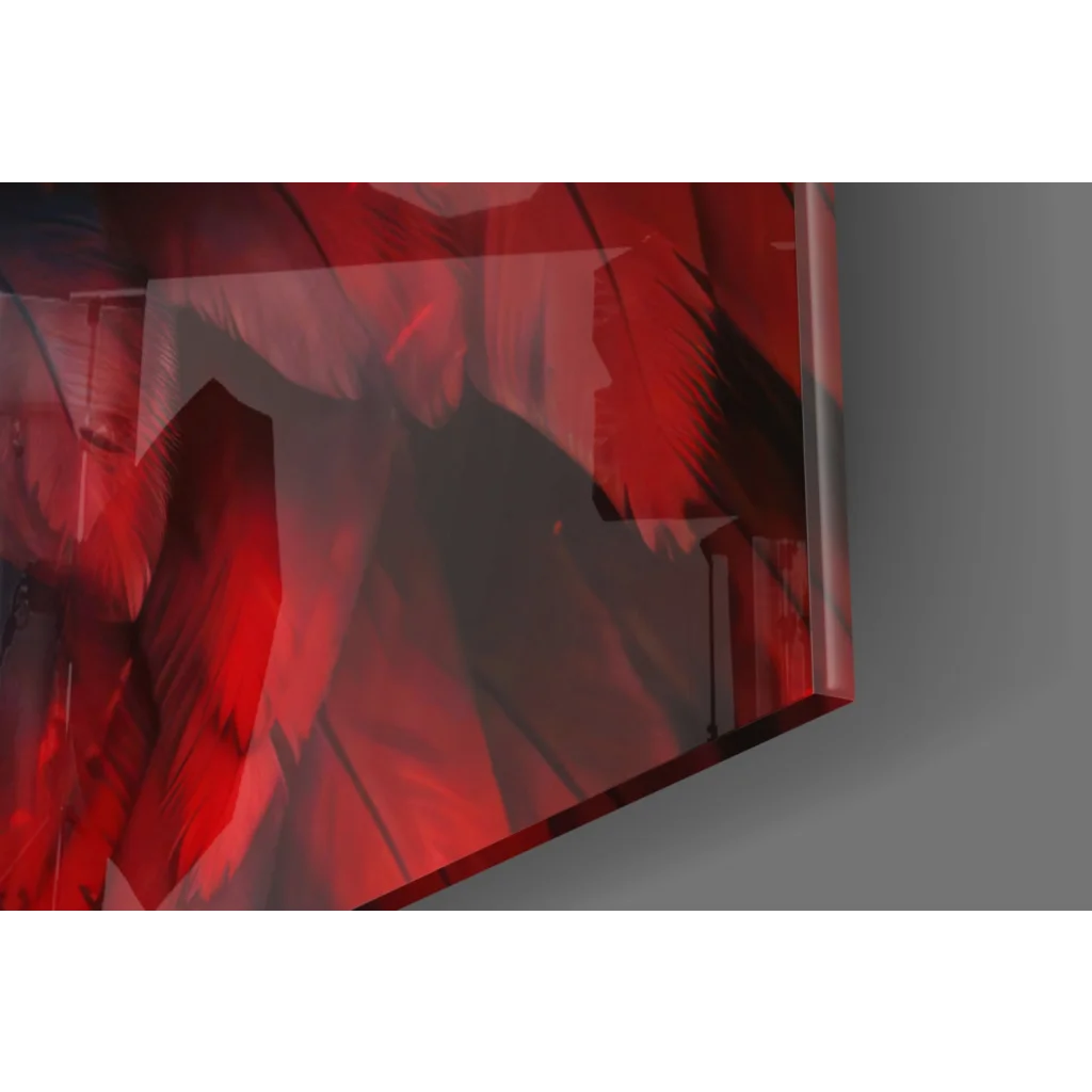 Vibrant fiery red eagle glass wall art with bold angular strokes and glossy feather detail