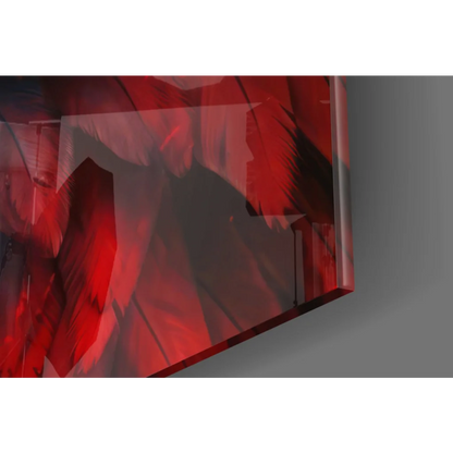 Vibrant fiery red eagle glass wall art with bold angular strokes and glossy feather detail