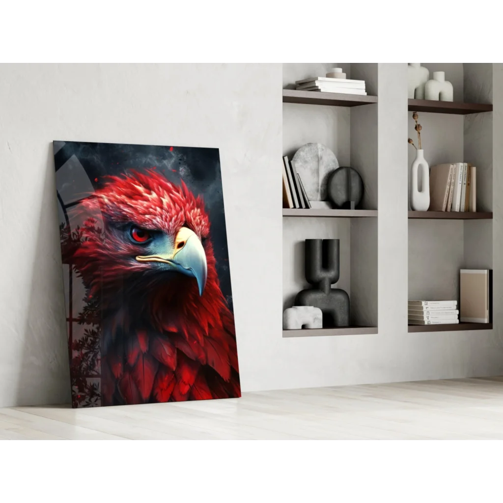 Fiery red eagle glass wall art with vibrant feathers and intense gaze