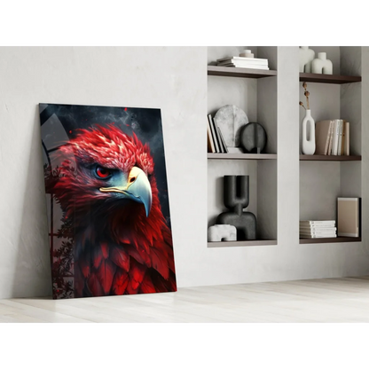 Fiery red eagle glass wall art with vibrant feathers and intense gaze