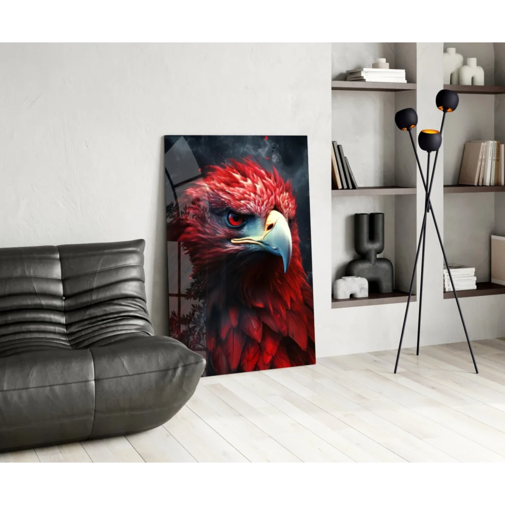Fiery red eagle glass wall art with vibrant feathers and piercing eyes in modern living room