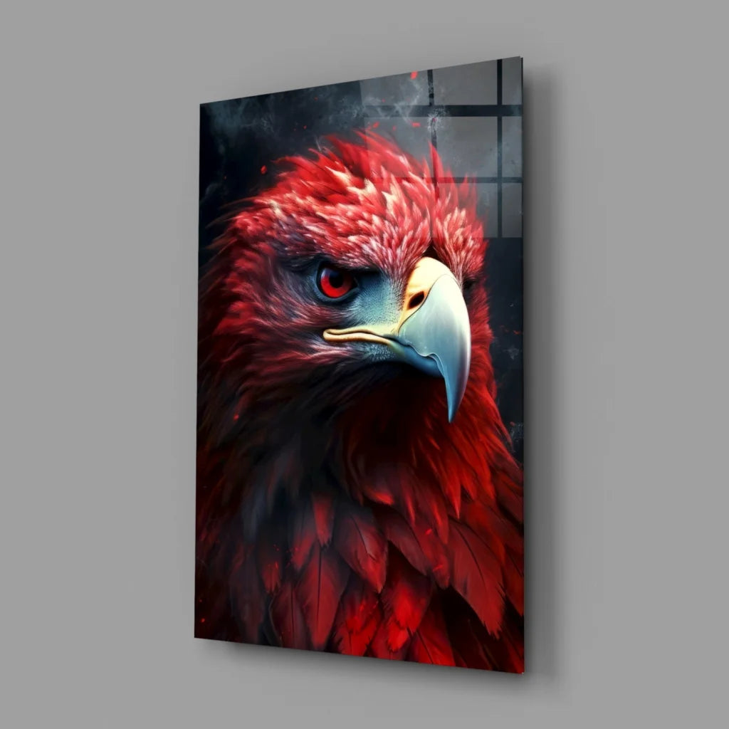 Fiery red eagle glass wall art with vibrant feathers and orange eye on gray wall