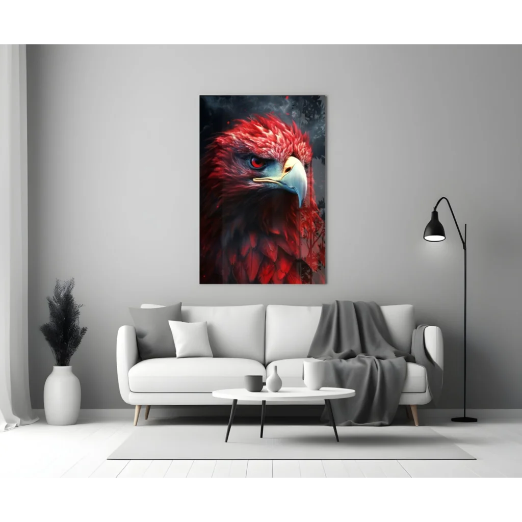 Fiery red eagle glass wall art with stunning feather detail and blue beak on gray wall