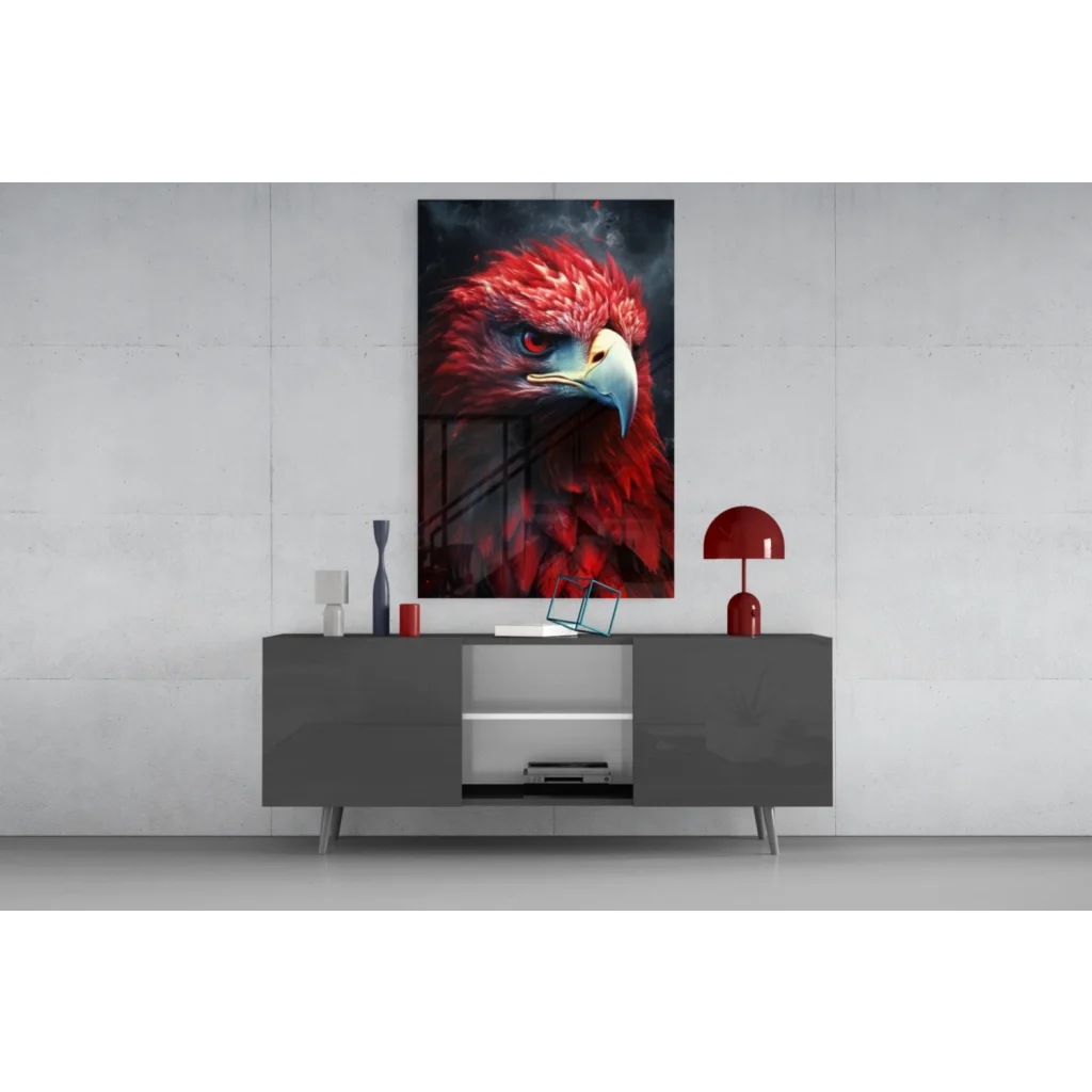 Vibrant fiery red eagle glass wall art on gray console